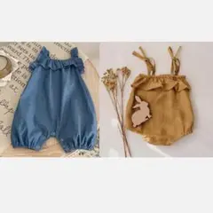 【80サイズ/2点セット】デニムサロペット フリルロンパース