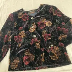 ベロア 花柄 ジャケット カーディガン 金ボタン 昭和レトロ ヴィンテージ風