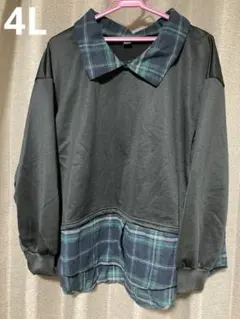 ブラック チェック柄 長袖トップス 4L プラスサイズ