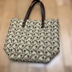 チューリップ柄布バッグ　持ち手革