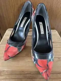 パンプス、ポインテッドトゥ 赤花柄、DIANA