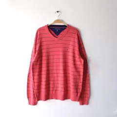 トミーヒルフィガー コットンニット Vネック セーター ボーダー メンズL 古着
