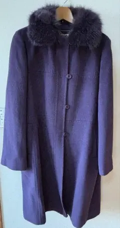 ウールパープルロングコート ファー襟付き
