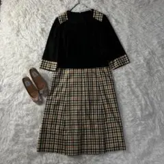 美品✨ ワンピース チェック ツートン 6分袖 ブラック ベージュ M〜L