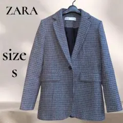 ZARA チェック　エルボーパッチブレザー　ウール混み　ジャケット　千鳥　グレー