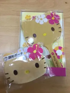 ハローキティ当りくじ　日焼けキティ　手鏡　顔型ポーチ　2点セット