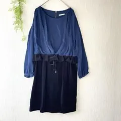 ワンピース　ネイビー シフォン きれいめ　長袖ワンピース　シンプル