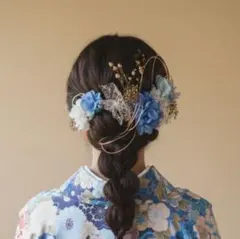 【金箔シート付き】卒業式　成人式　和装髪飾り　和風 青色系 花飾り　袴　着物