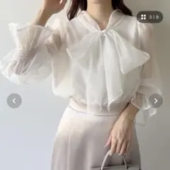 美品　mipiarl シアーキャンディースリーブボウタイブラウス　ホワイト　XL