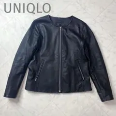 美品✨ユニクロ 黒 フェイクレザージャケット ノーカラー ジップアップ S