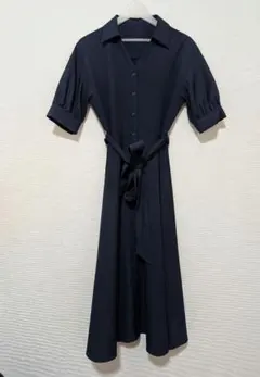 ネイビー 半袖 シャツワンピース ウエストリボン付き オフィス 上品