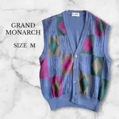グランドモナーク ニットベスト ゴルフウェア Vネック 古着 アーガイル柄 M
