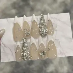 ベージュ×ホワイトフレンチ×埋めつくし ネイルチップ