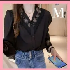 【ラスト1点！】レディース ブラウス シフォン レース 冠婚葬祭ブラック