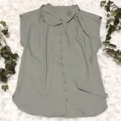 ROPE くすみグリーン ボウタイブラウス 38 フレンチ袖 上品