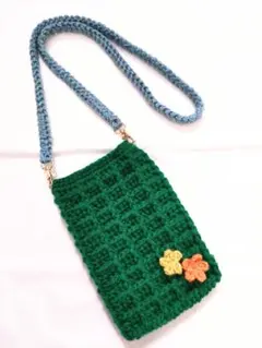ハンドメイド 編み物 かぎ針編み ワッフル編みのスマホショルダーポーチ