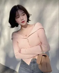 SHEIN Dazy Vネックリブ編みセーター ピンクM