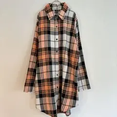 オーバーサイズチェック柄長袖シャツ チュニック 前開き ボタン シャツワンピ
