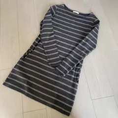 美品　韓国　長袖カットソー　ボーダー　グレー　トップス　長め