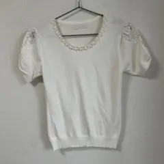 レース袖パール装飾ホワイトニット半袖