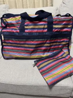 LeSportsacストライプ ボストンバッグ 大容量　ポーチ付き