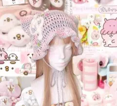 新品♥ニット帽 ピンク グレー 音符デザイン♥1点物