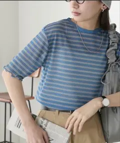 半袖シアーボーダー　Tシャツ ブルー FREEサイズのサムネイル