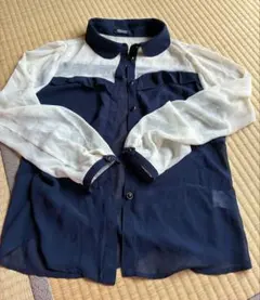 ネイビーとホワイトのシースルーブラウス Mサイズ