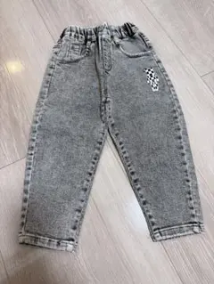 チェック柄クマプリント デニムロングパンツ