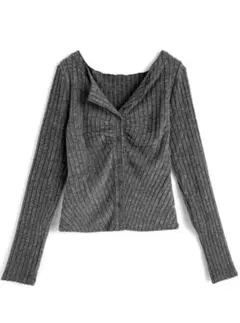 GRL フロントボタンギャザー表起毛リブトップス[yz673] グレー