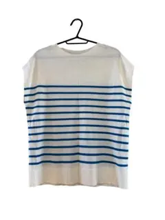 レディース ホワイト/ブルー ストライプ 半袖ニット