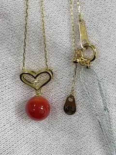 K18イエローゴールドハート型赤珊瑚のネックレス日本産 D0.01ct 45cm