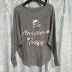 ロゴ刺繍 ニット セーター グレー ドルマンスリーブ