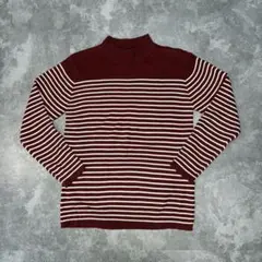 【美品】 ボーダー リブニット ハイネック ワインレッド 長袖 ヴィンテージ Lのサムネイル