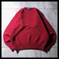90s ラルフローレン 畔編み 短丈 コットンニット 赤 L ポニー刺繍