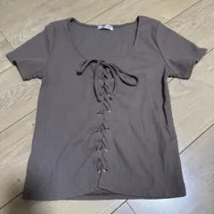 ブラウン リブ編み 半袖Tシャツ レースアップ