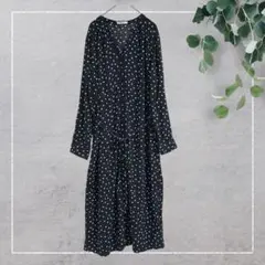 【ブリストーム】ドット柄ロングワンピース(M)長袖　マキシ丈　ウエストリボン