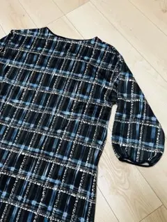 チェック柄 五分袖チュニック ブラック・ブルー・ホワイト