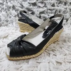 【美品/23cm】銀座かねまつ エスパドリーユ ウェッジソールサンダル 黒 36のサムネイル