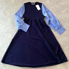 未使用☆オペークドットクリップ フハクスリーブ ロングワンピース 紺 M