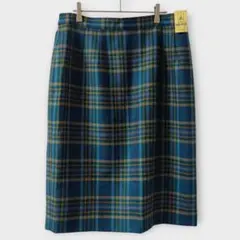 日本製／ウール100％チェック柄スカート／大きめサイズ・ブルーグリーン系