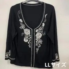 HIROKOBISヒロコビズカーディガン　黒色花柄刺繍入りLLサイズ
