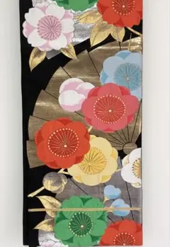 正絹　袋帯　華やかな花柄　梅　桜　扇　金糸　銀糸　黒地　六通柄　リメイク　稽古用
