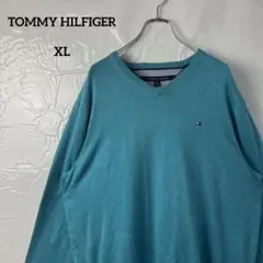 Vネック　ニット　トミーヒルフィガー　水色ブルー　刺繍ロゴ　コットン100%古着