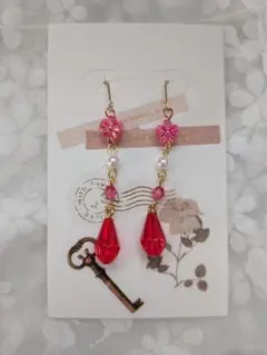 【紅華】上品な花とパールのロングピアス♡ 赤×ピンク ハンドメイド