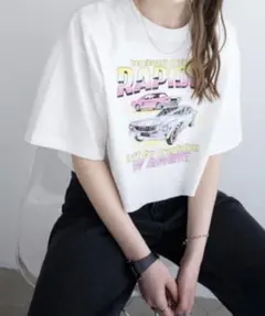 WEGO Tシャツ Sサイズ 車柄 グラフィックTシャツ 半袖 白 ピンク