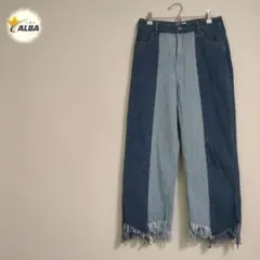 デニム　ジーンズ　フリンジ　リメイク風　ダメージ加工　個性派　青　インディゴ　M