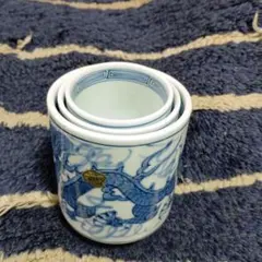 有田焼台丹窯純手書き染付湯呑み三個組セット「入れ子湯呑み三個組として収まります」