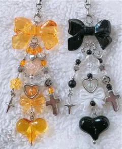 ビーズキーホルダー ビーズストラップ y2k コレクトブック チャームオレンジ黒