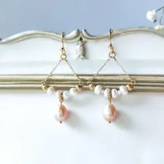 14kgf*ロマンティックなピンクの淡水パールピアス/イヤリング